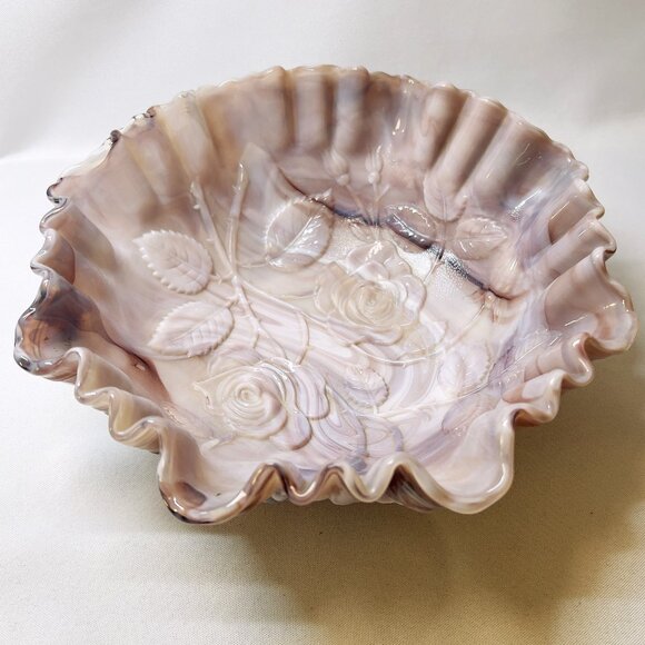 Imperial Vintage Purple Slag Glass Bowl Embossed Rose Design Ruffle Edge 9" wide - Picture 3 of 12